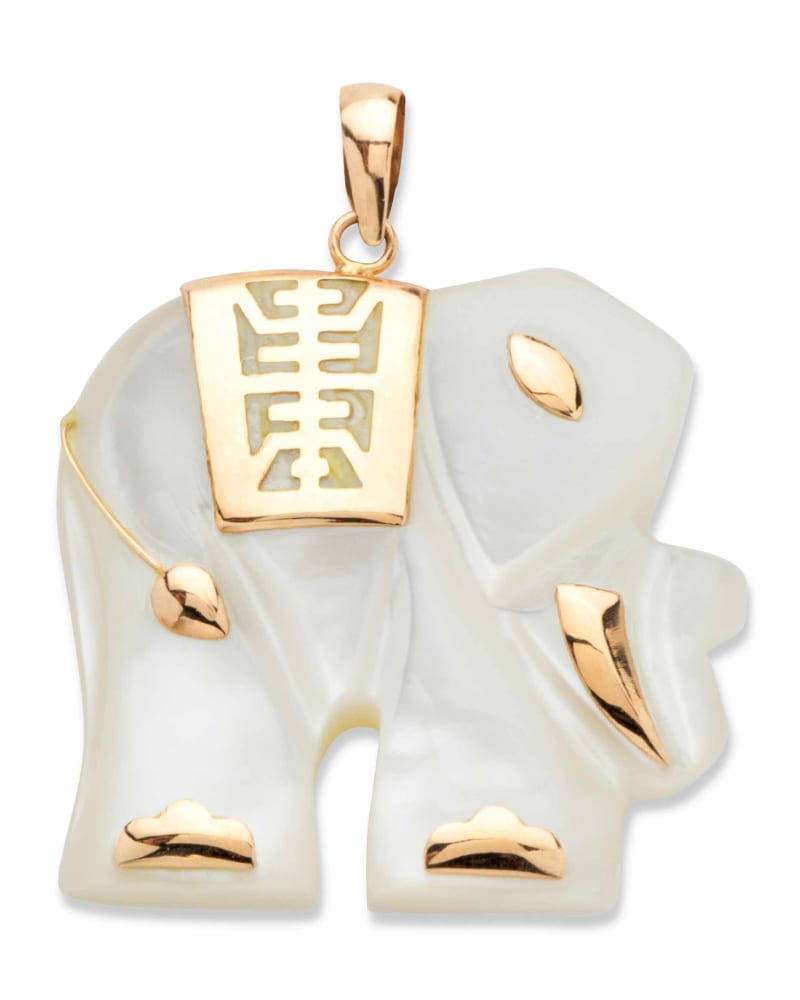 Front of a size One Size Genuine Mother-of-Pearl Solid 10k Yellow Gold "Good Fortune" Elephant Pendant in White by PalmBeach Jewelry. | dia_product_style_image_id:286310